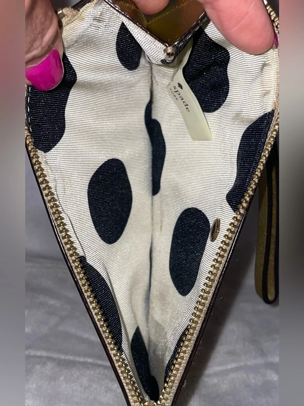 Kate Spade Gold Saffiano Leather Wristlet Clutch Wallet Pouch Polka Dot Lining